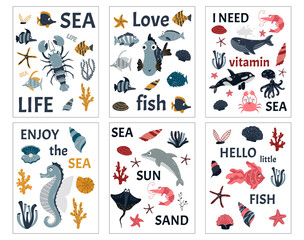 Sea poster and postcard for children. Cartoon marine animals, fish, algae and shells. Suitable for greeting card design, T-shirt design, children's room decor. Vector.