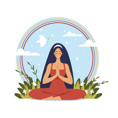 Obraz na płótnie Canvas Beautiful yoga girl vector icon. The girl meditates in the lotus position against the background of the sky, grass and a rainbow. Symbol of healthy lifestyle, fitness, mind balance. Flat cartoon