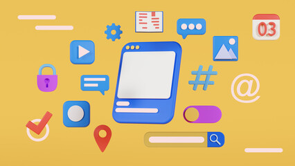 3d render of user interface and icons with tools for work.