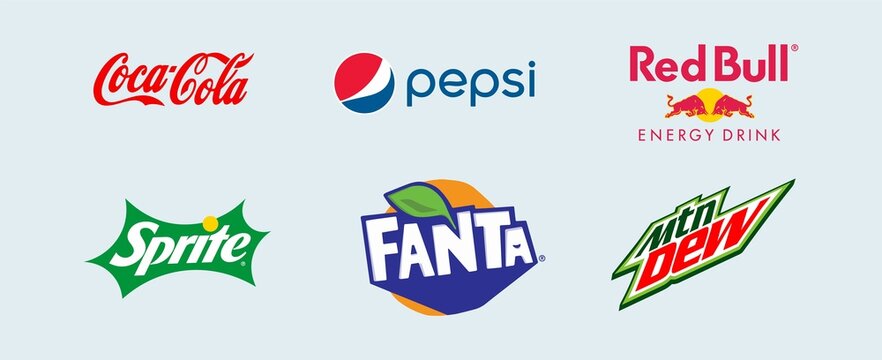 Lombok, Indonesia - Mei 4, 2022: Set of most popular soda drinks logo. Coca-Cola, Sprite, Pepsi, Fanta, Red bull, Mountain dew.
