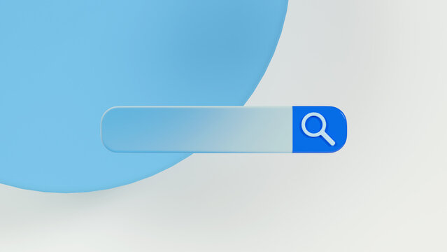 3d render of a search button with a transparent glass magnifier.