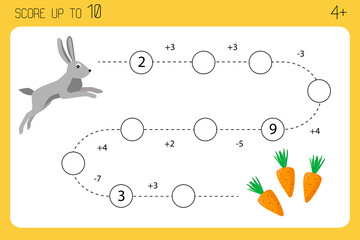Math game for preschoolers. Addition, subtraction, counting to ten. worksheet for children. Count it. Help hare to get to carrots
