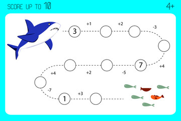 Math game for preschoolers. Addition, subtraction, counting to ten. worksheet for children. Count it. Help shark get to fish