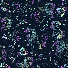 Unicorn silhouette seamless vector pattern. Holographic magic unicorn with star . pattern for girls.Creative  background for textile, prints, paper products, the Web.  © SokolArtStudio