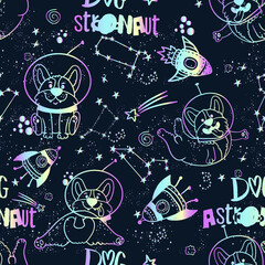 Kids holographic seamless pattern with corgi dog in space. Space background. print for T-shirts, textiles, wrapping paper, web. 
