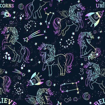 Unicorn silhouette seamless vector pattern. Holographic magic unicorn with star . pattern for girls.Creative  background for textile, prints, paper products, the Web. 