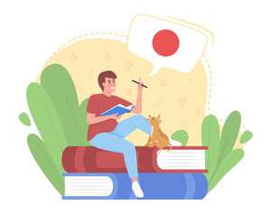 Studying japanese language quickly 2D vector isolated illustration. Foreign student flat character on cartoon background. Colourful scene for mobile, website, presentation. Lora font used