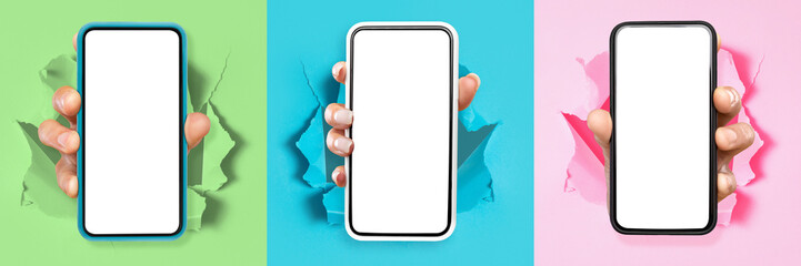 Collage of hands showing empty smartphone screen breaking through paper