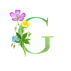 watercolor drawing letter G with flowers, hand drawn illustration, design of alphabet for wedding card, invitation or monogram
