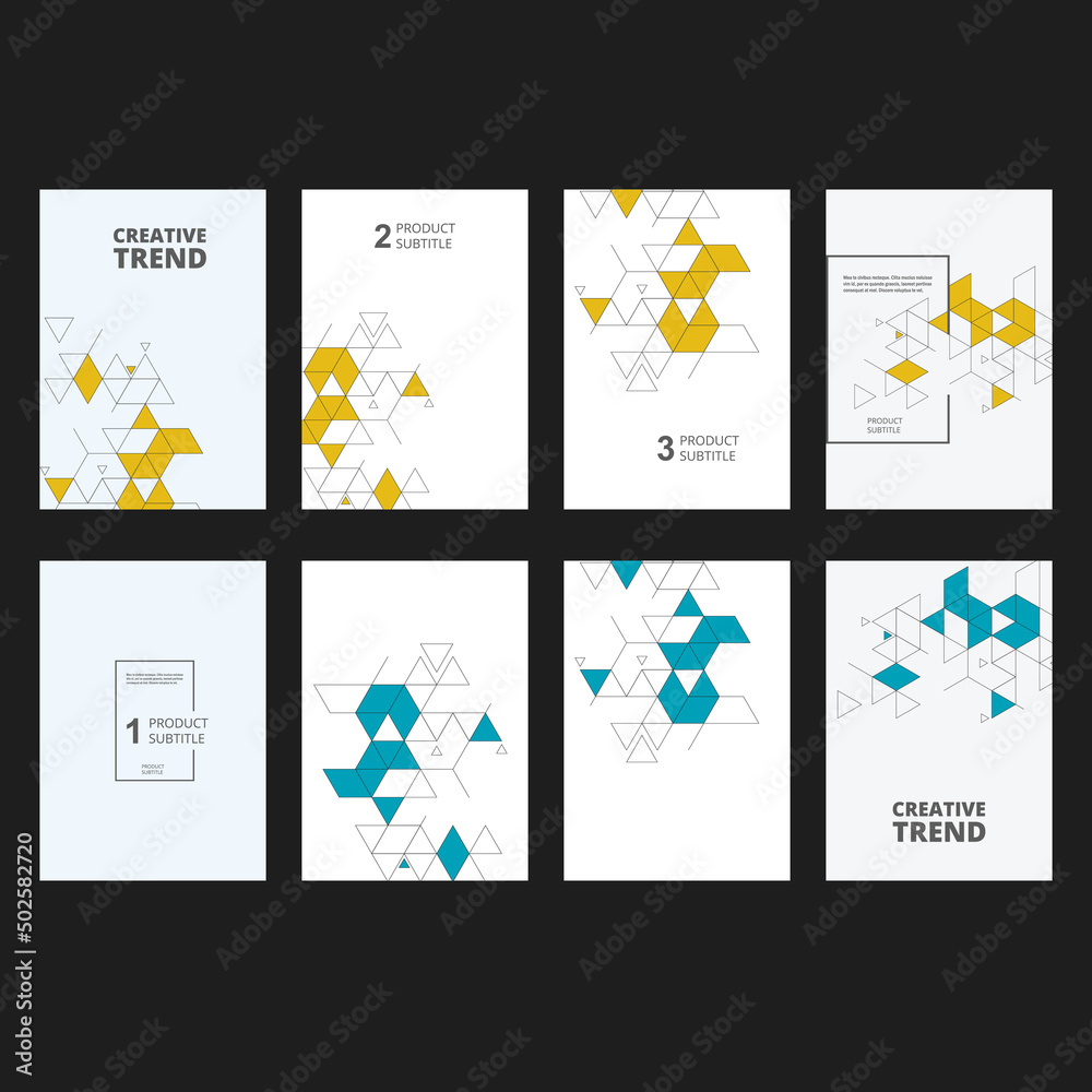 Poster Technology brochure triangle textured template. Modern geometric graphic. Vector set cover with triangles pattern ornament