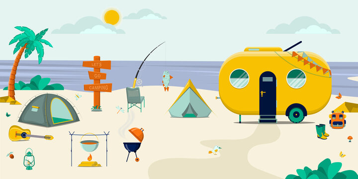 Tourist travel equipment, campsite. Tourism - expedition, travel, explore. Outdoor recreation. Flat vector illustration.