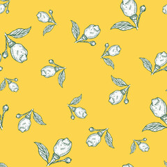 Seamless pattern engraved lemon on branch with leaves. Vintage background lime growing on twig in hand drawn style.