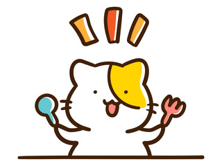 フォークとスプーンを持つかわいいねこのキャラクターの手書きイラスト