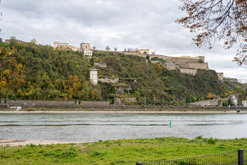 German corner, Koblenz were rivers Rhein and Mosel meet. Ehrenbreitstein castle in the background