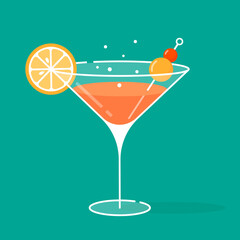 Glass with fruit cocktail on a green background. The drink is decorated with lemon and fruit canapes. Fruit juice or lemonade. Suitable for window dressing, menus, invitations. Isolated image.