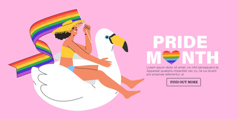 Cute character with rainbow lgbt flag celebrate pride month or day vector flat illustration. LGBTQ support social media banner or post template, greeting card or invitation on pink background.