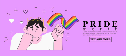 Cute character with rainbow lgbt flag celebrate pride month or day vector flat illustration. LGBTQ support social media banner or post template, greeting card or invitation on pink background.
