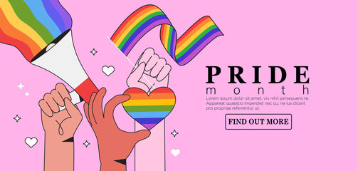 People hold megaphone and flag with lgbt rainbow during pride month or day celebration or parade. LGBTQ social media banner or post, poster template, greeting card pink background.