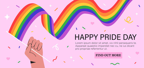 Hand hold rainbow lgbt flag and celebrate pride month, week or day vector flat illustration. LGBTQ support social media banner or post template, greeting card or party invitation on pink background. - obrazy, fototapety, plakaty
