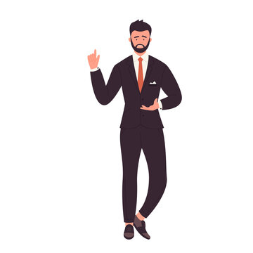 Standing businessman pointing and explaining. Office manager speech presentation vector illustration