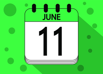 June 11 calendar date design green. Calendar page icon for june days