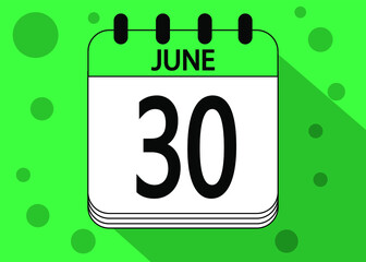 June 30 calendar date design green. Calendar page icon for june days