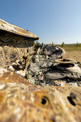 Newburn UK: 29th April 2022: A stolen car which has been burnt out and dumped in a field