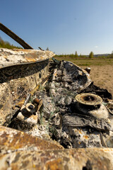 Newburn UK: 29th April 2022: A stolen car which has been burnt out and dumped in a field