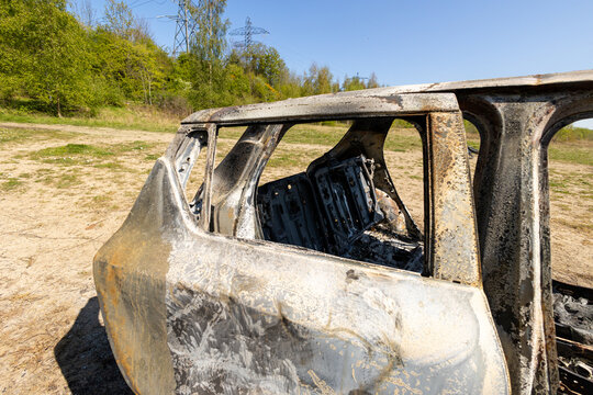 Newburn UK: 29th April 2022: A Stolen Car Which Has Been Burnt Out And Dumped In A Field