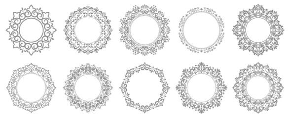 Set of decorative frames Elegant vector element for design in Eastern style, place for text. Floral gray and white borders. Lace illustration for invitations and greeting cards
