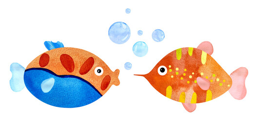 Watercolor set of colorful fantasy cartoon orange and blue fish with bubbles. Flame angelfish, Copperband Butterflyfish, Purple mask angelfish