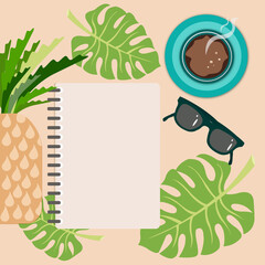 Summer postcard with pineapple, sunglasses, cup of coffee, notepad and monstera leaves 