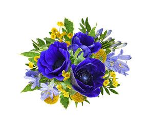 Floral arrangement with blue and yellow flowers and green leaves isolated