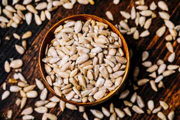 Sunflower seeds on a wooden table