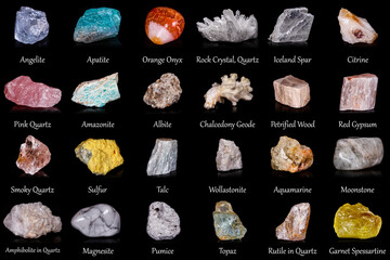beautiful collection of geological minerals on a black background