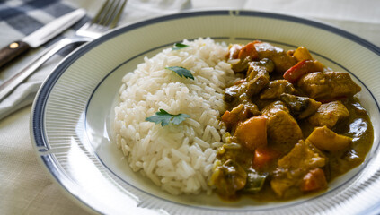 Detail of a curry and rice dish