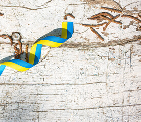 yellow and blue ribbon on a wooden white old surface, background patriotic Ukrainian image for copy space, colors of the flag of Ukraine as a symbol of courage, freedom and struggle for independence