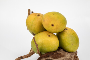 Mangoes Badami / Alphonso isolated in white background, shot using studio lighting and water drops on the subject, Composition on a wooden log with extendable white background and ample copy space.
