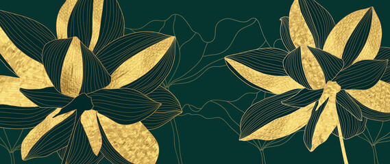 Luxury gold lotus on dark background vector. Line art wallpaper design with golden lotus flowers, leaf, gold lotus petals, foil texture. Elegant blossom design perfect for cover, prints, yoga, banner.