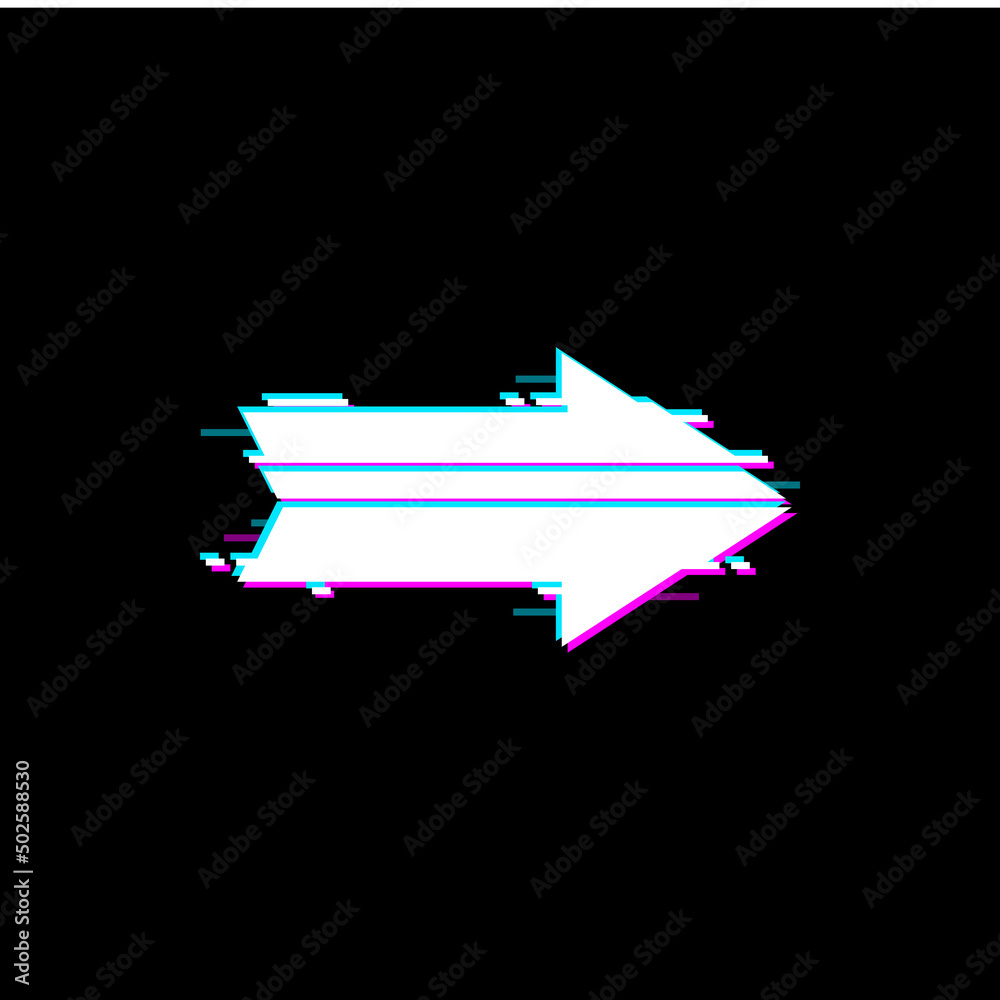 Fototapete Right arrow pointer with glitch noise effect isolated ui game interface panel design element. Vector web navigation play button, cursor display malfunction, signal loss glitched screen digital defect