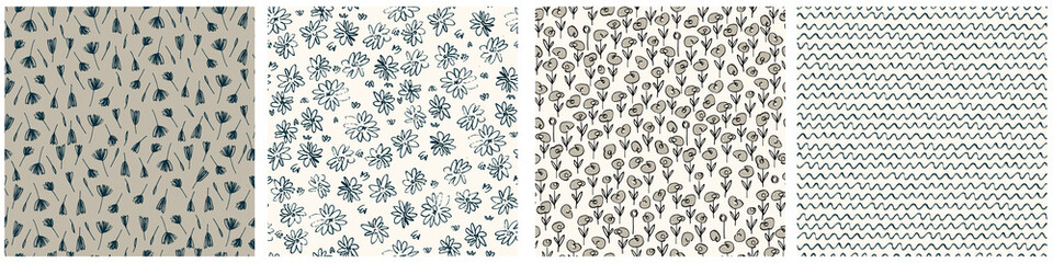 Seamless patterns set with hand drawn meadow flowers in Ditzy style. Stylish dark illustrations on beige background for surface design and other design projects
