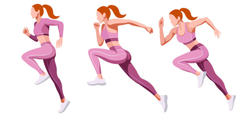 vector set images of a beautiful slender girl in a sports uniform (leggings and a sports bra) is engaged in fitness, sports, trains isolated on a white background. woman runs. morning run. jogging.