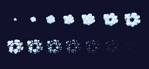 Cartoon smoke explosion game sprite, animate effect, cloud, steam, bomb, fog, blast. Vector explode burst animation frame. Game user interface, GUI element for games, computer or web design movement © Vector Tradition