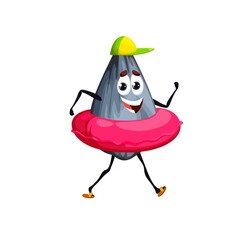 Cartoon sunflower seed with floater ring on summer vacation. Funny vector character wear cap walk with inflatable ring for relaxing in pool or ocean beach. Personage on holiday recreation
