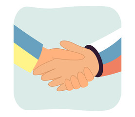 Handshake of partners with Ukrainian and Russian flags. Partnership of persons shaking hands flat vector illustration. Unity, friendship, peace concept for banner, website design or landing web page