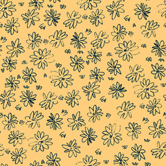 Seamless pattern with hand drawn meadow flowers in Ditzy style. Outlined illustrations on yellow background for surface design and other design projects