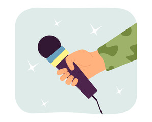 Hand of journalist holding microphone with Ukrainian flag. Person in camouflage making news report flat vector illustration. Military, journalism concept for banner, website design or landing web page