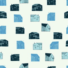 Seamless pattern with townscape in navy-blue color palette. Residential district. Small houses in urban, suburban or countryside landscape for surface design and other design projects