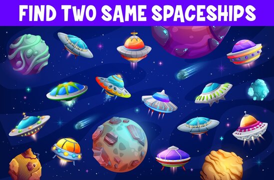 Find two same ufo or alien starship kids game worksheet. Cartoon vector educational children riddle with extraterrestrial shuttles and ships flying in space with planets and stars, leisure activity