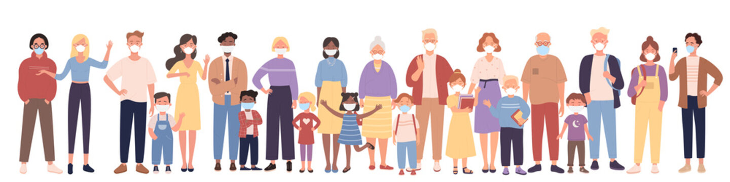Diverse group of people wear masks on faces for health protection. Cartoon adult persons and kids standing in row together, international crowd of different culture and nationality vector illustration